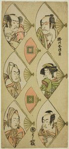 折扇中的演员半身像：市川团十郎五世、濑川菊之条三世、市川门之助二世（右，从上到下）；中村中藏一世、松本小四郎四世、万户光五郎二世（左，从上到下） 作者 胜川俊生