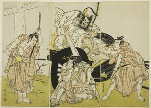 菅原的书法秘诀》（"Sugawara denju tenarai kagami"）中饰演藤原石平的演员中岛三右卫门二世、饰演松尾丸的演员市川惠比藏三世、饰演樱丸的演员市川耀宗二世和饰演梅丸的演员市村右左卫门九世。 作者 胜川俊章