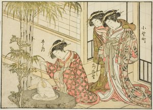 丸屋的歌妓，选自《妓院美女镜》（Seiro bijin awase sugata kagami），第 2 卷。 作者 胜川俊章