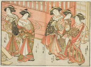 各家各户的五位歌妓，选自《妓院美女镜》，第 3 卷。 作者 胜川俊章