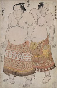 描绘涡渊和女川的东组摔跤手全身肖像（彩色木刻版画） 作者 胜川俊章