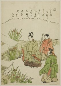 "何"：三河省的八桥，选自 "时尚锦画中的伊势物语（Furyu nishiki-e Ise monogatari）"系列 作者 胜川俊章