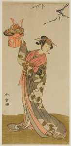 1773 年 4 月在市村剧场演出的话剧《五所樱堀川游知》中饰演花奴的演员岚雏治一世 作者 胜川俊章