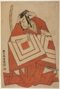 饰演 "柴乐 "角色的演员市川团十郎四世，可能出自 1768 年 11 月 1 日起在中村剧场演出的《源氏现世》（Ima o Sakari Suehiro Genji）。 作者 胜川俊章