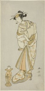 演员市川团十郎五世在《松枫影图》中饰演清源和尚的灵魂，该剧第二部分的最后一幕是 "穿和服的歌妓"（Keisei Momiji no Uchikake）。 作者 胜川俊章