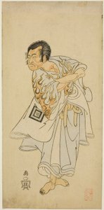 1768 年 3 月，市川团藏三世在森田剧场演出的话剧《鸣神》中饰演圣洁的隐士鸣神。 作者 胜川俊章