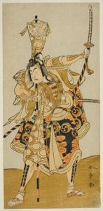 1772 年 11 月在中村剧场演出的话剧《Oyoroi Ebido Shinozuka》中饰演村上彦次郎义辉的演员市川雷藏二世 作者 胜川俊章