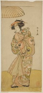 1777 年 11 月在市村剧场演出的剧目《崎政也梅之卡奇多吉》中饰演花魁浪和子的演员生岛大吉三世 作者 胜川俊章