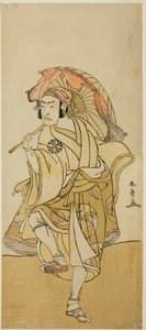 1777 年 11 月在市村剧场演出的剧目《Chigo Torii Tobiiri Kitsune》中饰演伪装成狮子舞者角兵卫的御马屋姬桑达的演员中村中藏一世 作者 胜川俊章