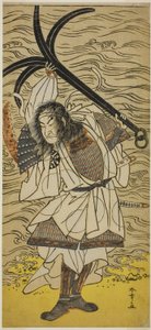 1777 年 4 月在森田剧场演出的《义经仙本樱》中扮演平之友守的演员中村仲三（Nakamura Nakazo I），乔装成十日屋金平 作者 胜川俊章