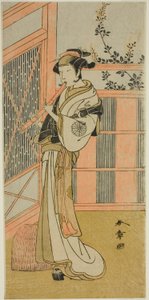 1772年2月在森田剧场上演的戏剧 "Kosode-gura no Tekubari "中，饰演伪装成驹子的美佐的演员中村野志雄（Nakamura Noshio I）（？ 作者 胜川俊章
