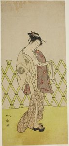 1773 年 8 月在市村剧场演出的话剧《四天王寺登美人》中饰演博多小十郎的演员中村理子一世（？ 作者 胜川俊章