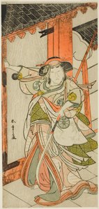 1777 年七月二十五日起在中村剧场演出的《和田冲突：一个女人的 "舞鹤"》（Wada-gassen Onna Maizuru）一剧中饰演 Hangaku Gozen 的演员中村富十郎一世攻破城门的场景 作者 胜川俊章