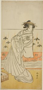 1777 年 9 月在中村剧场演出的剧作《Koi Nyobo Somewake Tazuna》中饰演宫女富山的演员中村富十郎一世 作者 胜川俊章