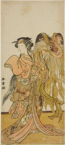 1775 年 8 月在盛田剧院上演的戏剧《京成月之宫》中饰演敦贺宫女富山的演员中村富十郎一世 作者 胜川俊章