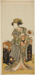 1777 年 11 月在市村剧场演出的话剧《Chigo Torii Tobiiri Kitsune》中饰演豆饼女贩子日向屋的演员中村富十郎一世 作者 胜川俊章