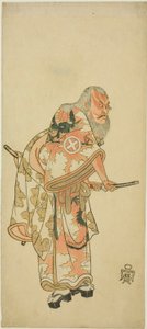 演员大谷广右卫门三世（Otani Hiroemon III）在 "曾我戏--布什莺报春"（Hitokidori Harutsuge Soga）中的 "Sukeroku "场景中扮演姬之伊奎（Hige no Ikyu）。 作者 胜川俊章