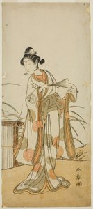 1774 年 11 月在市村剧场演出的话剧《智护樱花聚散金》中饰演爱护和歌的演员濑川菊之条三世 作者 胜川俊章