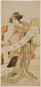 1780 年 8 月在中村剧场演出的戏剧《妻武家甲子之文月》中饰演直江的演员山下金作二世 作者 胜川俊章