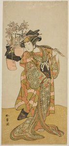 1775 年 11 月在中村剧场演出的话剧《花灯源氏日木》中饰演卖帽子的小大的演员山下金作二世 作者 胜川俊章