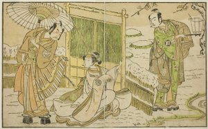 十一月在市村剧场演出的话剧《妙音菊伊豆之纪》中饰演源赖朝的岚三郎二世（右）、饰演结城翁那的濑川菊之丈二世（中）和饰演梶原元太之影的市村右卫门九世、 作者 胜川俊章