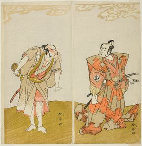 演员 Bando Mitsugoro I 饰演畑之川胜（右），Otani Hiroemon III 饰演男仆（Yakko）Gansuke（左），在森田剧场演出的话剧《Miya-bashira Iwao no Butai》（《石柱上的神社》）中饰演畑之川胜（右），Otani Hiroemon III 饰演男仆（Yakko）Gansuke（左）。 作者 胜川俊章