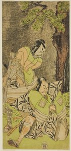1770 年 11 月在中村剧场上演的《鵺之森一叶之马托》中饰演伊之隼田（右）的演员市川团藏三世和饰演大田太郎景宗（左）的松本幸四郎二世 作者 胜川俊章