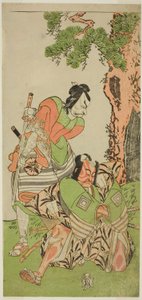 1770 年 11 月在中村剧场上演的《鵺之森一叶之马托》中饰演一之早田忠三（右）的演员市川团藏三世和饰演伪装成八杉左卫门的大和田之太郎景宗（左）的松本幸四郎二世 作者 胜川俊章
