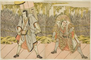 市川团藏四世饰演伪装成轿夫太郎兵卫的荒川太郎武田（右）和市川团十郎五世饰演伪装成朝圣者栗谷川次郎达裕的阿部贞人（左），在 "五代源氏三杉之恋 "剧目中演出。 作者 胜川俊章