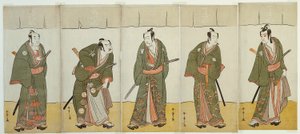 演员市川门之助二世饰演狩金文七、万户光五郎一世饰演安之兵卫、市川团十郎五世饰演五音仙门、中村助五郎二世饰演上刈庄九郎、坂田恒五郎二世饰演穗平一门（从右至左），在《五千夫》（Gonin Otoko）中饰演狩金文七、万户光五郎一世饰演安之兵卫、市川团十郎五世饰演五音仙门、中村助五郎二世饰演上刈庄九郎、坂田恒五郎二世饰演穗平一门（从右至左）。 作者 胜川俊章