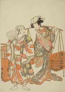演员 Ichimura Uzaemon IX 饰演伪装成卖酒人 Iseya 的男狐狸（左）和 Nakamura Tomijuro I 饰演伪装成卖豆饼人 Hyugaya 的女狐狸，在舞蹈片段 "Myoto-zake Kawaranu Nakanaka"（Marit 的永恒和谐 作者 胜川俊章