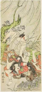 演员 松本小四郎二世饰演右卫门，吉泽咲之助三世饰演右卫门的妻子卡萨妮 作者 胜川俊章