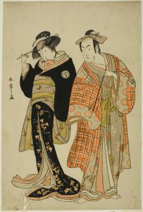 松本小四郎和濑川菊之条三世饰演的恋人周右卫门（右）和大幡（左），在私奔场景 "濑川之恋"（私奔：浅河中的惊涛骇浪）中，该剧第二部分的舞蹈插曲 作者 胜川俊章