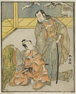 1771 年 11 月在中村剧场上演的《国之花小野之五云寺》中饰演须磨之大亮（右）的演员中村登九郎二世和饰演有原之雪平（左）的市川驹藏二世 作者 胜川俊章