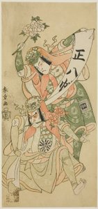 演员中村仲造（Nakamura Nakazo I）和市川驹造（Ichikawa Komazo I）在十一月初一开始在中村剧场演出的话剧《源氏现世》（Ima o Sakari Suehiro Genji）中的舞蹈场景 "石桥"（Shakkyo）中、 作者 胜川俊章