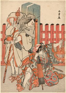 中村中藏一世饰演伪装成朝圣者的钦斋八郎玉友（左），市川团十郎五世饰演风草之五郎兵卫忠光（右），在话剧《Kitekaeru Nishiki no Wakay》第一部结尾的 "无声邂逅 "场景中（Dammari）。