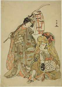 演员中村中藏一世饰演扮成狮子舞者角兵卫（角兵卫狮子）（右），濑川菊之条三世饰演静香御前（左），在舞蹈片段 "Myoto-zake Kawaranu Nakanaka"（婚姻之杯的永恒和谐）中，选自《濑川菊之条三世》。 作者 胜川俊章