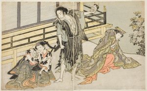 在 11 世纪森田剧场上演的话剧 "Fuki Kaete Tsuki mo Yoshiwara "中饰演 "娘山之宫 "的演员中村义男一世（右）、饰演 "叛逆僧人佑钦（中）"的市川檀十郎五世和饰演 "女仆睦花 "的山下金作二世（左）。 作者 胜川俊章