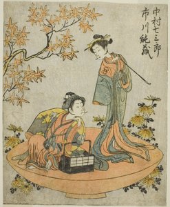 演员中村七三郎三世（右）和市川淳三一世（左）在《鵺之森一之马托》中的表演，1770 年 11 月在中村剧场演出 作者 胜川俊章