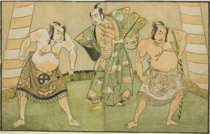演员中村助五郎二世饰演松野五郎（右）、小野江菊五郎一世饰演曾我太郎（中）、大谷弘治三世饰演河津三郎（左），1770 年 11 月在市村剧场演出的话剧《妙音菊伊豆之纪》（Myoto-giku Izu no Kisewata）中。 作者 胜川俊章