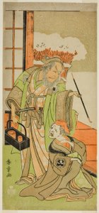 1769 年 11 月在中村剧场演出的戏剧《川流花坂前八之纪》中饰演卡拉希巴巴的中村右卫门一世（右）和饰演三鸠的市川团十郎四世（左）。 作者 胜川俊章