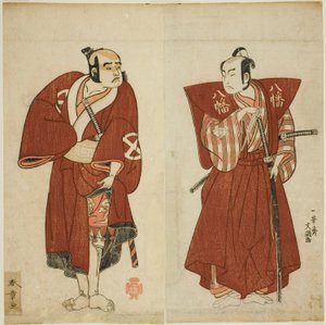 1770 年 11 月在市村剧场演出的话剧《Myoto-giku Izu no Kisewata》中饰演八幡三郎的小野江松介一世（右）和饰演夜叉江平的大谷友右卫门一世（左）。 作者 胜川俊章