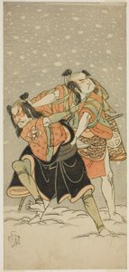 1768 年 9 月在市村剧场演出的《姬小松ねのひあそobi》中饰演龟尾的大谷弘治三世（右）和饰演阿里奥的坂田佐九郎一世（左）。 作者 胜川俊章