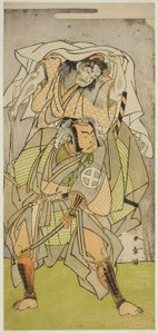 饰演古贺三郎的大谷弘治三世和饰演若狭禅师安村之灵小嶽山恶魔的市村右卫门九世，1771 年 11 月在市村剧场演出的戏剧《近野花四月之八》中的演员 作者 胜川俊章