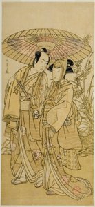 濑川菊之条三世（右）和万户光五郎一世（左）在《歌舞伎之花万代曾我》中饰演杂货商咸兵卫，1781 年 4 月在市村剧院演出 作者 胜川俊章