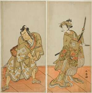 1774 年 11 月在市村剧场演出的《千乡樱花珠山金》中饰演爱乡之华的濑川菊之丈三世（右）和饰演八尾丸荒鸟的市川耀造二世（左）。 作者 胜川俊章