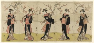 濑川菊之丈三世饰演狩金小文、中山富三郎一世饰演安之大安、岩井清太郎二世饰演上里之社、中山立三一世饰演御银之森、市川门之助二世饰演穗庭之市（从右至左），在《御银之音》第一幕中。 作者 胜川俊章
