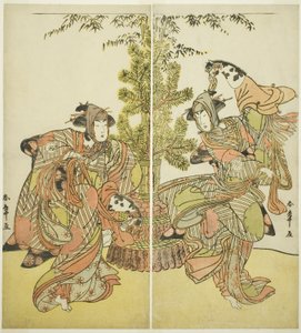 1782年11月在中村剧场演出的《神代源氏三杉之恋》中饰演安方（右）的濑川菊之条三世和饰演宇都的岩井半四郎（左）。 作者 胜川俊章