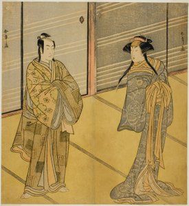 濑川菊之条三世饰演伪装成舞女妻菊（右）的 Joro-gumo（娼妓蜘蛛）之灵，市川门之助二世饰演卜部之助（左），在 Eleve 的中村剧场演出的戏剧《Shitenno Tonoi no Kisewata》中。 作者 胜川俊章