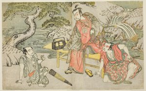 富泽半三郎二世饰演名古屋三左卫门（常被称为三座）（右），中村十藏二世饰演福和半左卫门（中），还有一位身份不明的演员饰演扒手松本大七（左），在 "Fuki Kaete Tsuki mo Yoshiwara "一剧中演出。 作者 胜川俊章